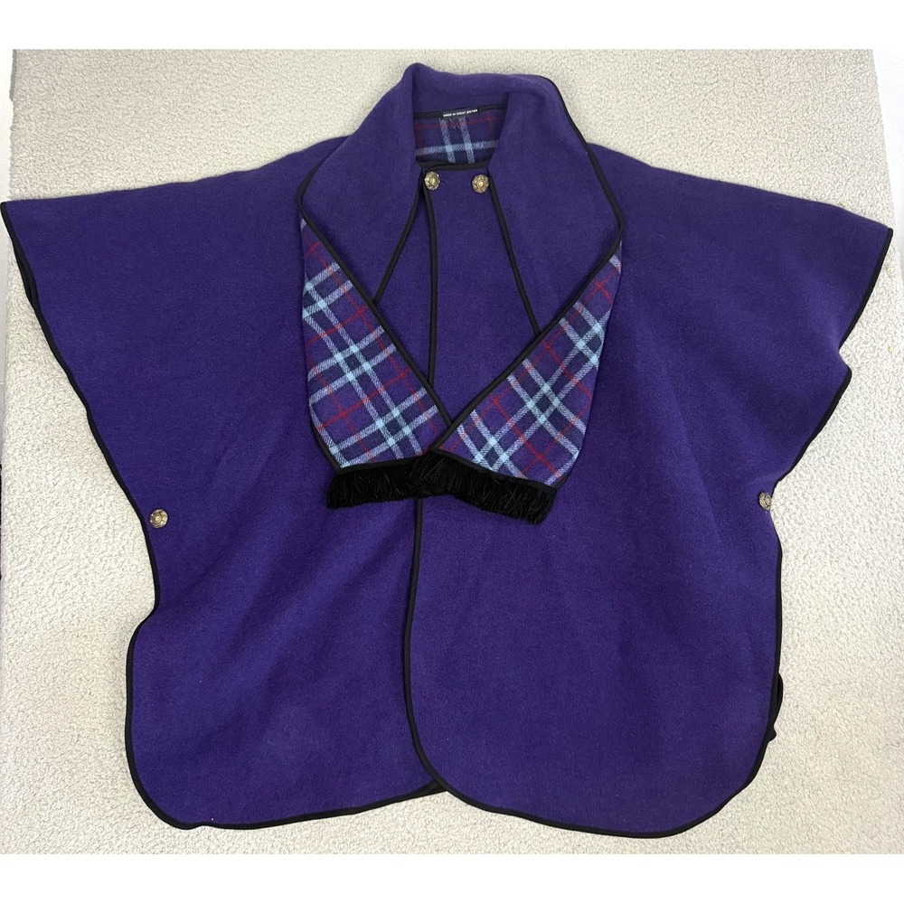 Tartan Plaid Wool Cape Womens OS Purple Reversible Poncho Wrap Made Britain